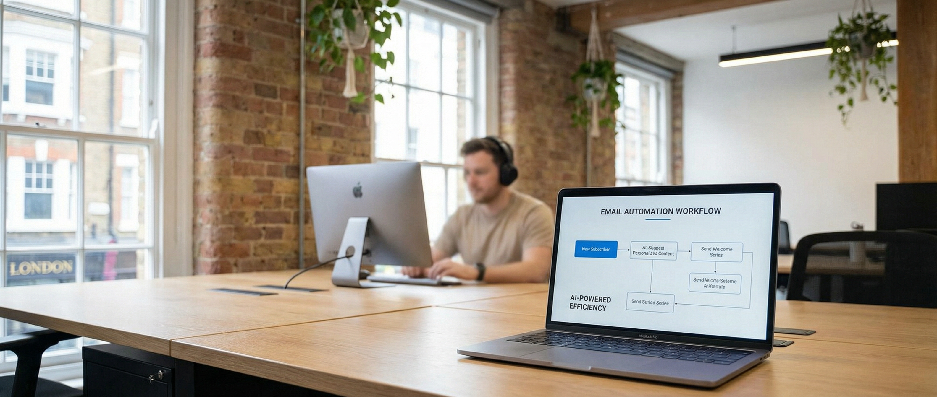 Marketer in a UK office reviewing an email automation workflow on a laptop