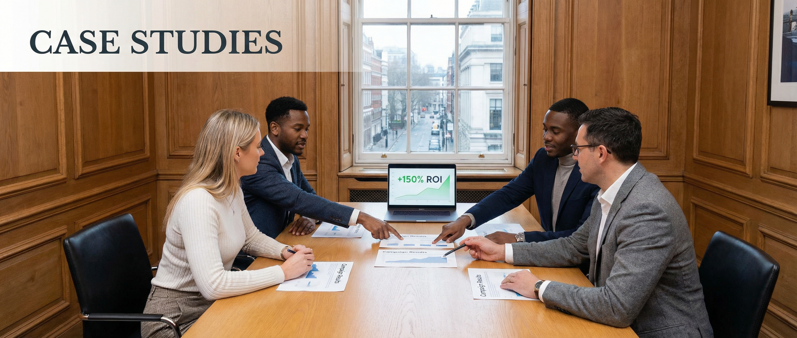 UK marketing leaders discussing email campaign results in a meeting room