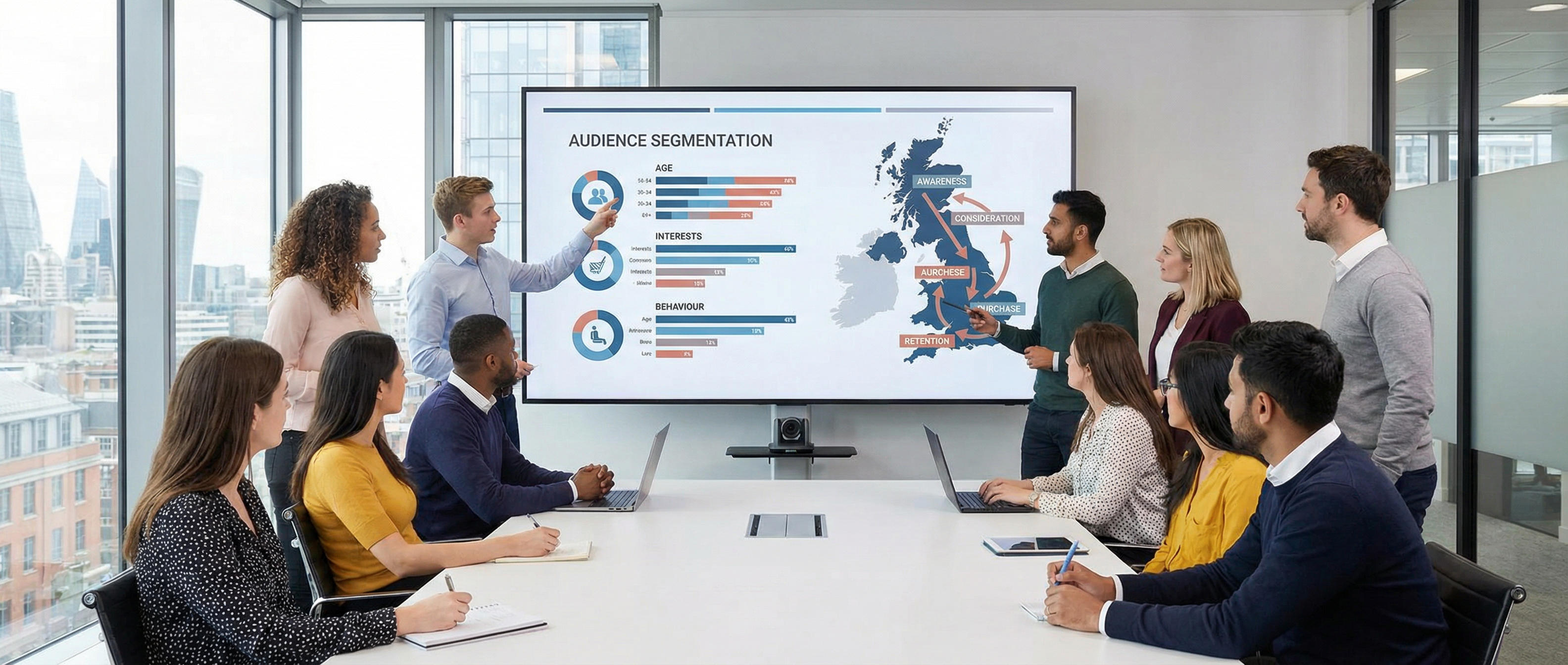 UK marketing team reviewing audience segmentation data on a large screen